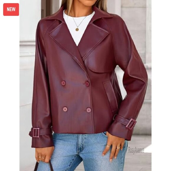 Oversized Faux Leather Motorcycle Jacket, Button Front, Moto Style - Picture 5 of 7